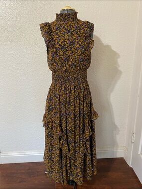 Lulu's Mustard and Purple Floral Smocked Maxi Dress